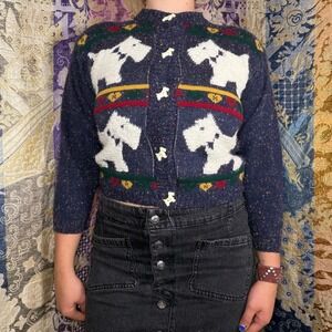 Vintage Blue Marbled Scottie Cottage Preppy Novelty Cardigan Sweater Size XS